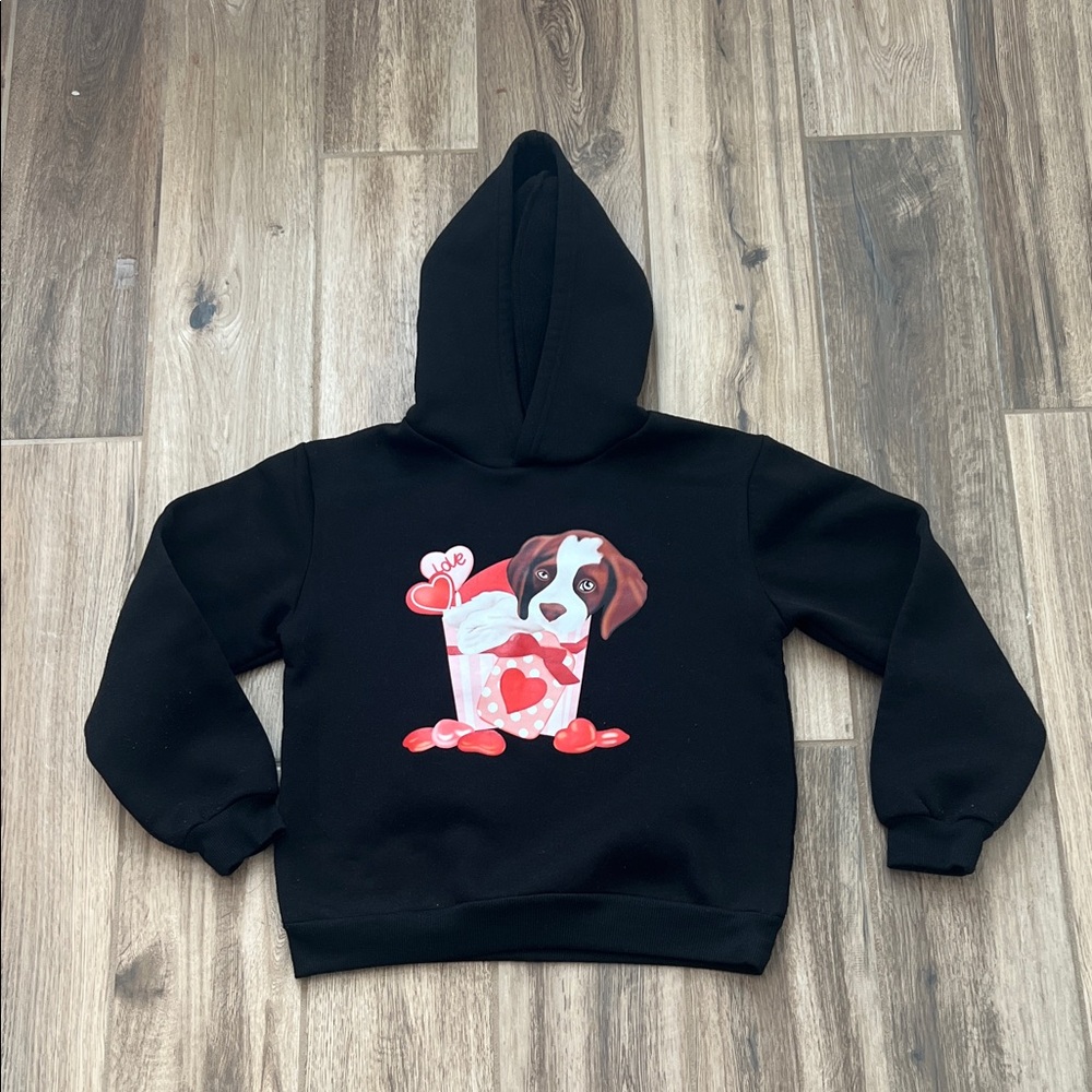 Black Hoodie with Puppy and Heart Design
